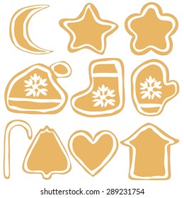 Set of decorated Christmas gingerbread cookies on white background.