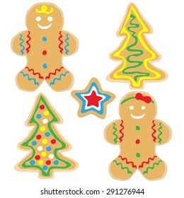 Set of decorated Christmas gingerbread cookies on white background.