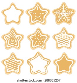 Set of decorated Christmas star gingerbread cookies on white background.