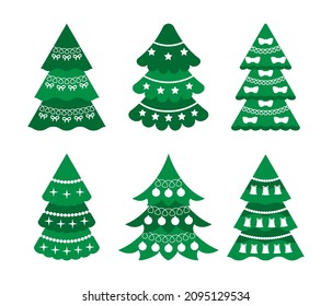 Set of decorated Christmas trees with balls, bows, stars, bells, garland on white background. New Year decoration. Cartoon flat vector illustration. Festive bundle of elements