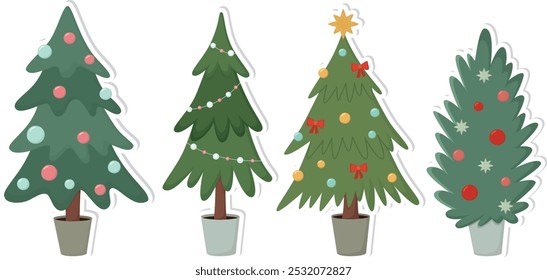 Set of decorated Christmas trees.  Colrful collection of stickers	