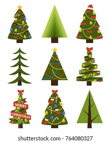 Set of decorated Christmas trees of different shapes and abstract forms, topped by star or santa hat, New year symbol 2018 icons isolated on white vector