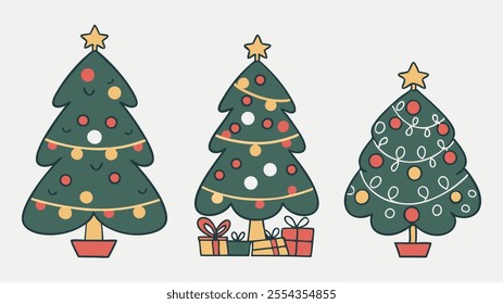 A set of decorated Christmas trees with gift boxes and ornaments, capturing the joy of holiday traditions