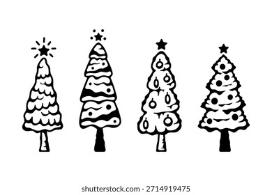 Conjunto de árboles de Navidad decorados icono. Silueta negra. Vista frontal lateral. Vector simple plano gráfico dibujado a mano ilustración. Objeto aislado sobre fondo blanco. Aislar.