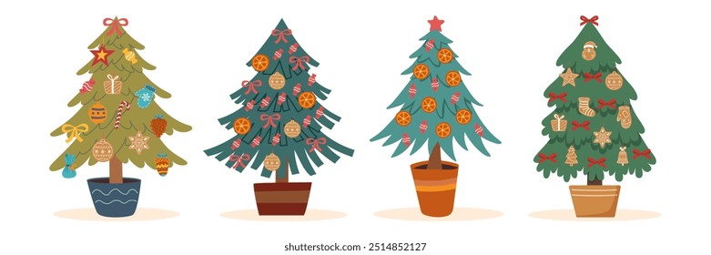 Set of decorated Christmas trees isolated on white background. Sustainable Christmas concept. Christmas ornaments.