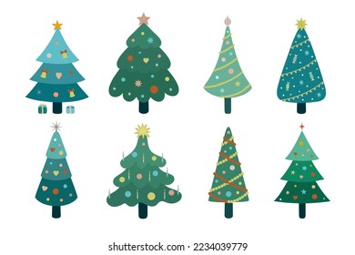 Set of decorated Christmas trees. Kit of color elegant fir trees. Flat design. Vector.