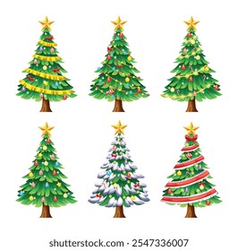 Set of decorated Christmas trees with ornaments, garlands, and stars on top. Vector cartoon illustration