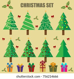 Set of decorated Christmas trees and presents, gifts with ribbons in flat design. Vector illustrations.