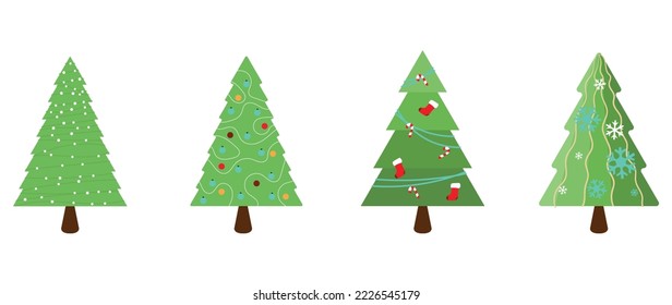 Set of decorated christmas trees vector. Collection of ornamental christmas trees with garland, tinsel, baubles, star on white background. Design illustration for decoration, card, sticker, poster.