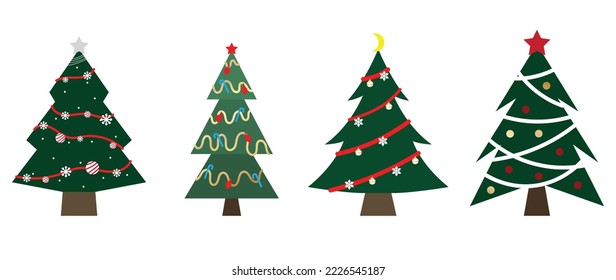 Set of decorated christmas trees vector. Collection of ornamental christmas trees with garland, tinsel, baubles, star on white background. Design illustration for decoration, card, sticker, poster.