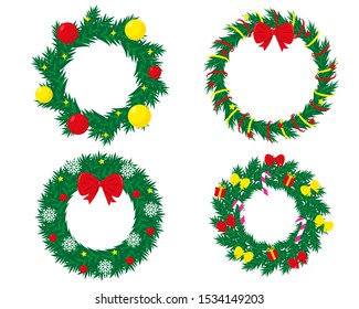 Set of decorated christmas wreaths. New Year and Christmas vector illustrations isolated on white background. 