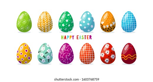 A set of decorated colored eggs. Happy Easter. Flat cartoon design for postcards, invitations. Colored eggs with a pattern. Cute vector illustration isolated on white background