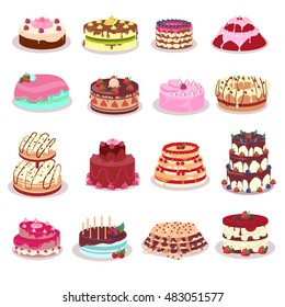 Set of decorated with colored frosting, fruits and chocolate cakes. Vector in flat style. Beautiful confectionery. Dessert. For pastry shop ad, birthday or wedding greeting cards design, diet concepts