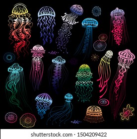 Set of decorated colored Jellyfishes on black background