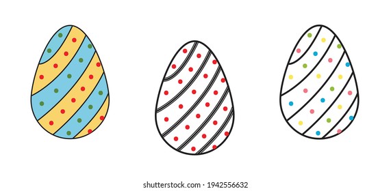 
set of decorated colorful spots, polka dots, circles and diagonal, lines painted Easter eggs
