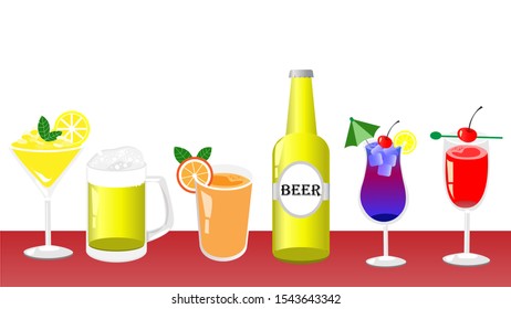 Set of decorated colorful tropical refreshment cocktails or welcome drinks and beers in glass and bottle. Isolated on white background. Vector Illustration. Idea for celebrations and cocktail party.