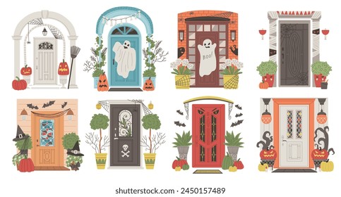 A set of decorated doors for Halloween. Vector illustrations of a haunted entrance, with a ghost, a spider web, a skull, bones and a pumpkin. Perfect for a frightening autumn entrance to the house.