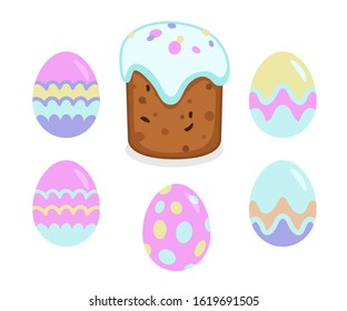 Set decorated Easter cake and painted eggs. Vector illustration.