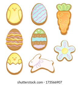 Set of decorated easter cookies of different forms. Assorted cookies, good for holiday design.