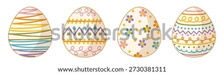 Set of decorated Easter egg cookies with colorful sugar glaze patterns. Creative spring holiday sweets and festive treats concept, Flat Lay Illustration