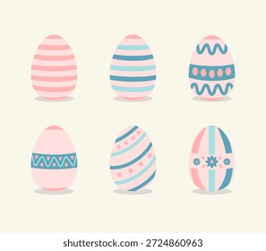 Conjunto de huevos de Pascua decorados con patrones coloridos, ilustración de estilo de dibujos animados dibujados a mano linda aislada sobre fondo claro, símbolos tradicionales de Festiva de Pascua, celebración de primavera, Colección de huevos festivos para tarjetas de felicitación, carteles, pegatinas, estampados y diseño estacional