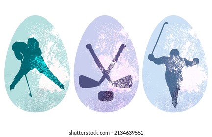 Set dekorierte Ostereier mit Hockeyspielern, Stöcken und Puck auf weißem Hintergrund. Flache Vektorgrafik für Feiertagsfeiern.