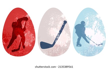 Set of decorated Easter eggs with hockey players on a white background. Flat vector illustration for holiday celebration.