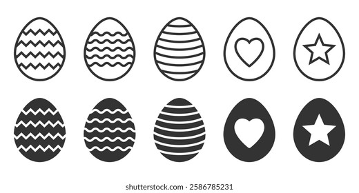 Set of decorated Easter eggs outline and solid icon