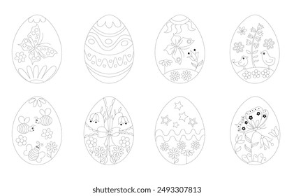 Set of decorated eggs for Easter. Coloring page for kids. Black dashed lines.