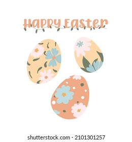 Juego de huevos decorados para las vacaciones de Pascua. Tonos pasteles. Feliz Pascua.