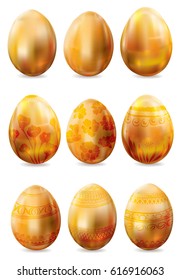 Set of decorated golden easter eggs on white background. Vector illustration