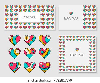 A set of decorated hearts and postcards with them. Postcards with the inscription love you .