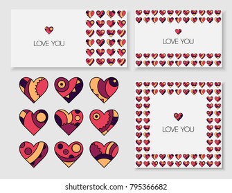 A set of decorated hearts and postcards with them. Postcards with the inscription love you .