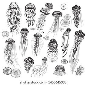 Set of decorated Jellyfishes black white isolated sketch illustration vector