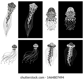 Set of decorated Jellyfishes black and white