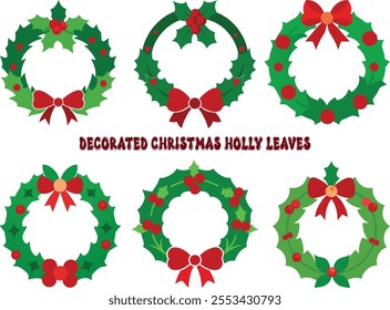 Set of Decorated Merry Christmas Holly Leaves Bundle Tree Background Xmas Vector Art Illustration Design, Decorative Autumn Leaves Collection