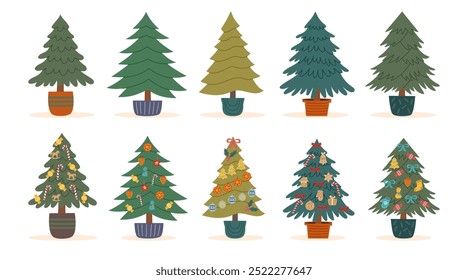 Set of decorated potted Christmas trees isolated on white2. Sustainable Christmas concept. Christmas ornaments.
