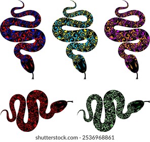 A set of decorated snakes on a white background