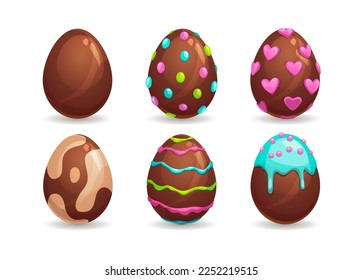 Set of decorated sweet chocolate eggs. Traditional Easter holyday egg symbo. Isolated vecor icons on white background.