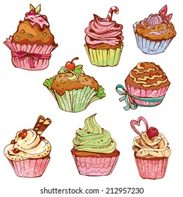 set of decorated sweet cupcakes - elements for cafe, menu, birthday design, etc.