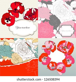 set of decorating cards with roses and poppies flowers and place for your text. Vector background for greeting card or invitation. Vector illustration.