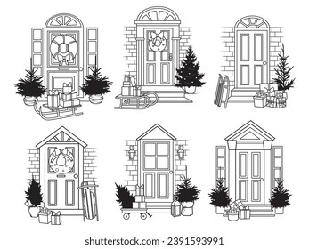 Set for decorating the front door with a festive tree. Collection of carved decorations near the door for the New Year with gifts, Christmas trees and bushes. Vector illustration for winter cards.