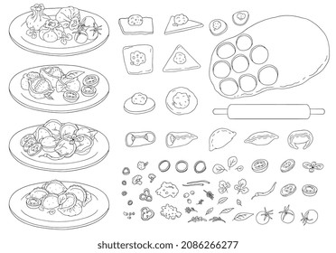 Set for decorating recipe for making dumplings with various ingredients in sketch vector illustration isolated on white. Stages of sculpting dumplings, dishes with ready made pelmeni, manti, khinkali