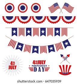 Set of decoration for 4th of July. Bunting for USA Independence Day. Isolated on white. Vector illustration.