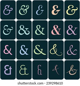 Set of decoration ampersands in colors for letters and invitation on white background. Hand drawn type. Vector illustration