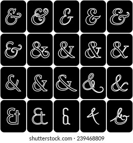 Set of decoration ampersands for letters and invitation on black background. Hand drawn type. Vector illustration