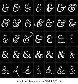 Set of decoration ampersands for letters and invitation on black background. Hand drawn type. Vector illustration. Ampersand set. Ampersand image.