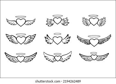 Set of Decoration Angel Wings with Heart Illustrations 