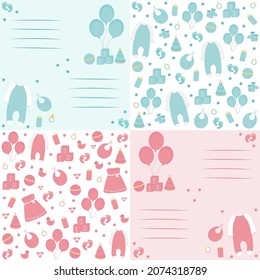 Set Of Decoration For Baby Shower. New Born Baby Stuff. Vector Illustration Of Baby's Toys, Clothes And Food. Baby Postcards