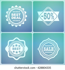 Set of Decoration Badges on Light Colorful Blurred Background. Blur Backdrop and Holographic Badges with Best Deal and Sale Text.